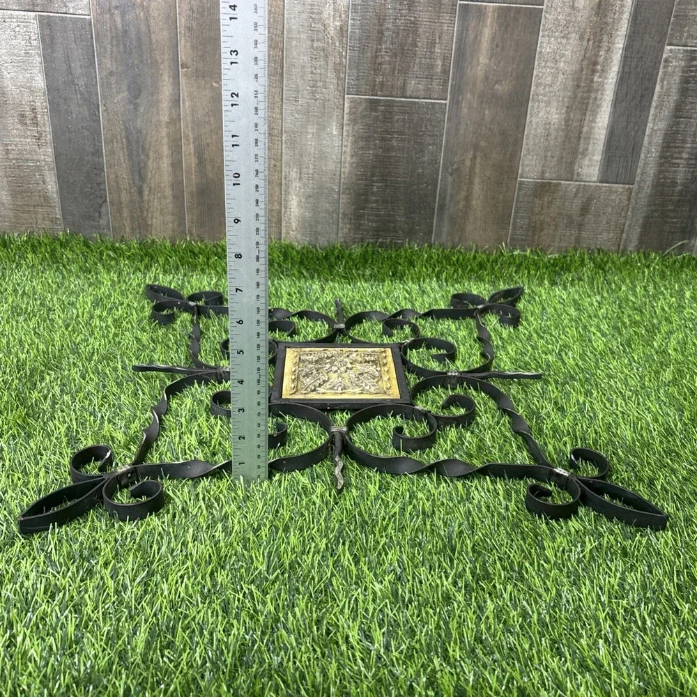Large Wrought Iron Wall Decor Black Metal Scroll Carved Wood Medallion Hanging